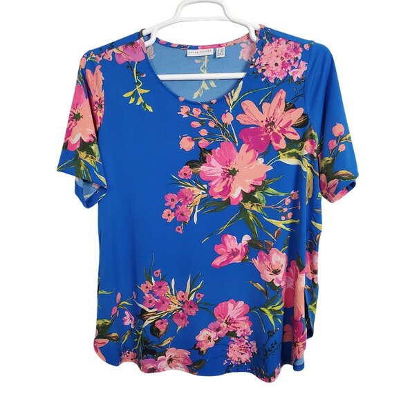 Susan Graver Size 1XLP 1XL Petite Top Floral Liquid Knit ShirtTail Hem Tropical - Picture 2 of 8